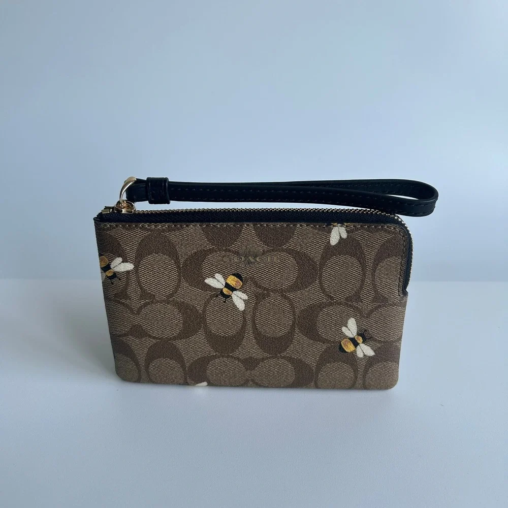 Coach Corner Zip Wristlet Khaki Multi Canvas Bee Print C8674